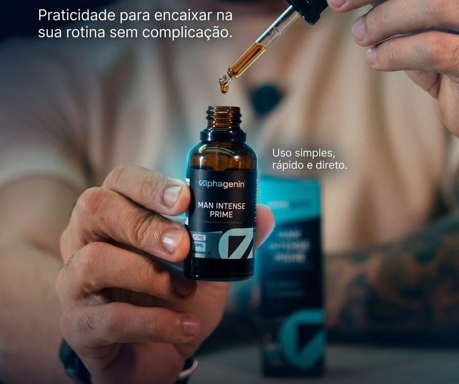 Mão pingando o conta-gotas no frasco Man Intense Prime